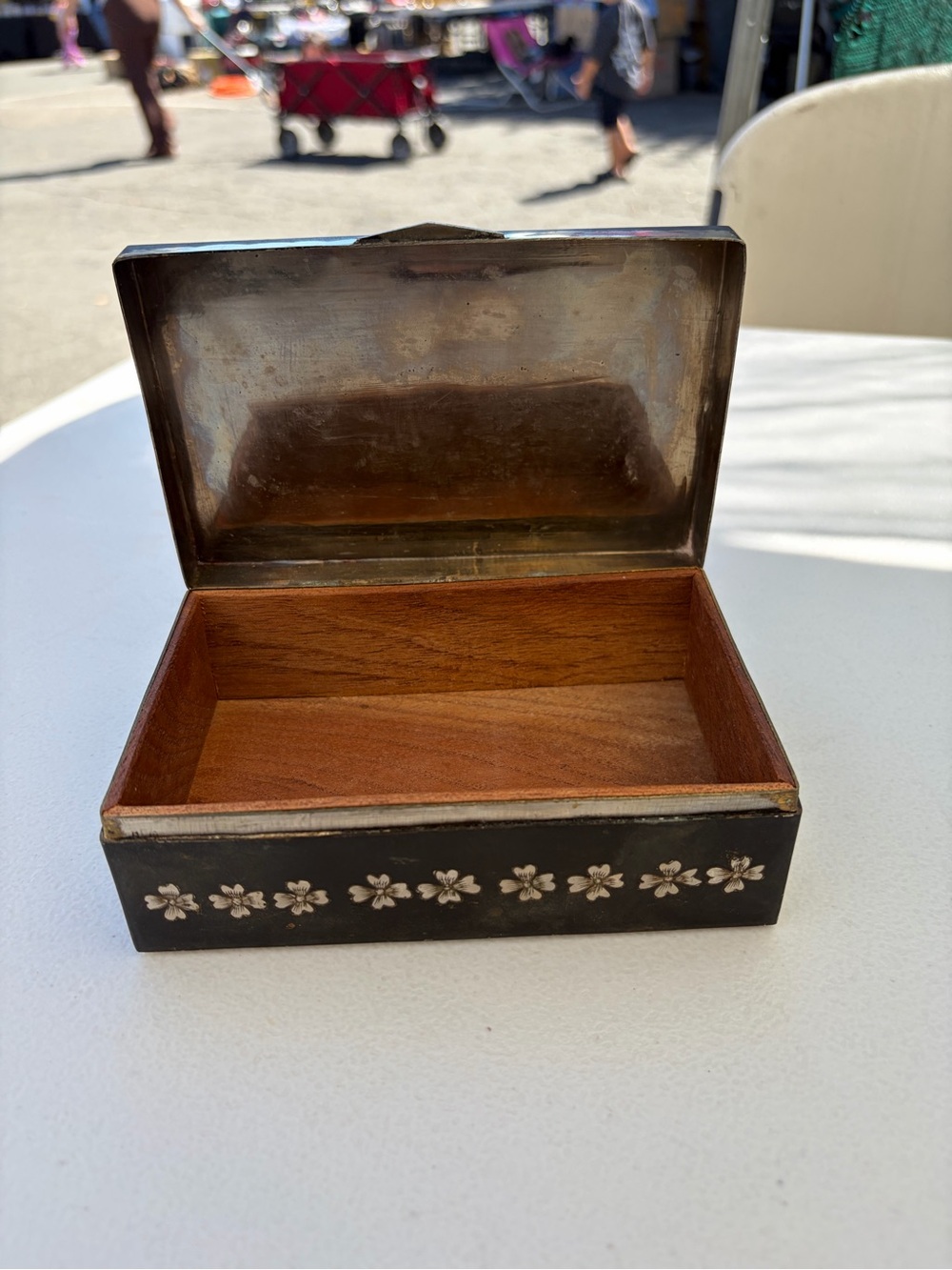 Vintage Black Wooden Trinket Box with Floral Inlay